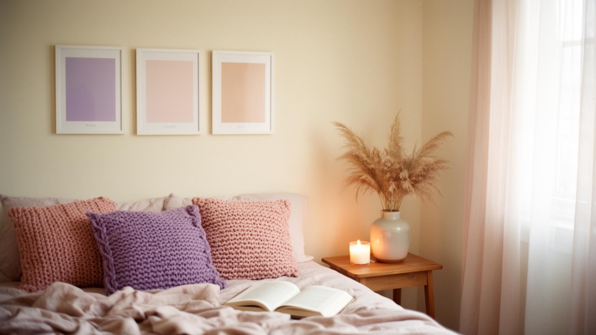 A soft aesthetic bedroom with pastel cushions and framed art